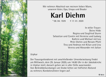 Traueranzeige von Karl Diehm von Fränkische Nachrichten