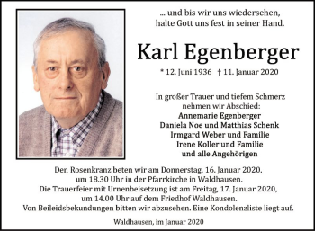 Traueranzeige von Karl Egenberger von Fränkische Nachrichten