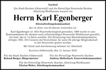 Traueranzeige von Karl Egenberger von Fränkische Nachrichten