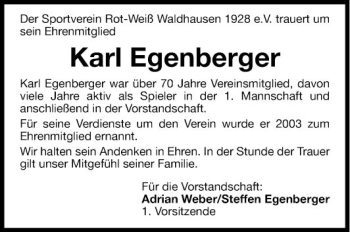 Traueranzeige von Karl Egenberger von Fränkische Nachrichten