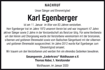 Traueranzeige von Karl Egenberger von Fränkische Nachrichten