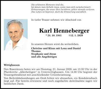 Traueranzeige von Karl Henneberger von Fränkische Nachrichten