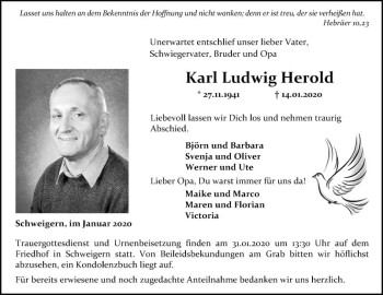 Traueranzeige von Karl Ludwig Herold von Fränkische Nachrichten