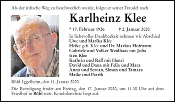 Traueranzeige von Karlheinz Klee von Mannheimer Morgen