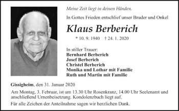 Traueranzeige von Klaus Berberich von Fränkische Nachrichten