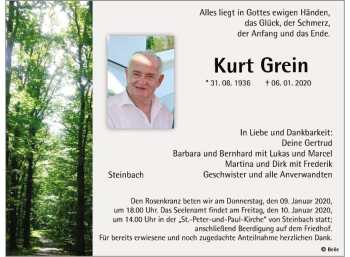 Traueranzeige von Kurt Grein von Fränkische Nachrichten