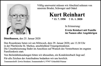 Traueranzeige von Kurt Reinhart von Fränkische Nachrichten