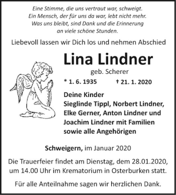 Traueranzeige von Lina Lindner von Fränkische Nachrichten