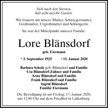 Traueranzeige von Lore Blänsdorf von Mannheimer Morgen