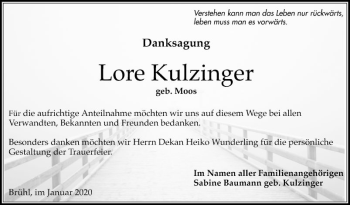 Traueranzeige von Lore Kulzinger von Schwetzinger Zeitung