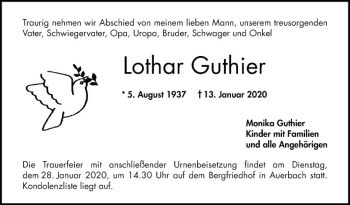 Traueranzeige von Lothar Guthier von Bergsträßer Anzeiger