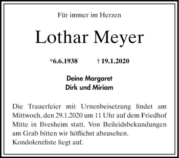 Traueranzeige von Lothar Meyer von Mannheimer Morgen