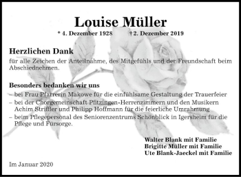 Traueranzeige von Louise Müller von Fränkische Nachrichten