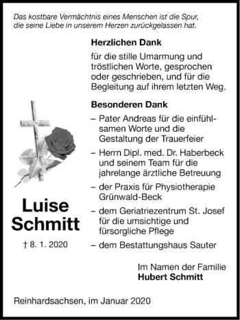 Traueranzeige von Luise Schmitt von Fränkische Nachrichten