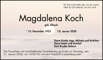 Traueranzeige von Magdalena Koch von Mannheimer Morgen