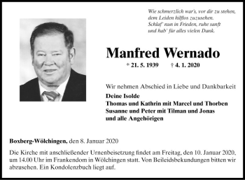 Traueranzeige von Manfred Wernado von Fränkische Nachrichten