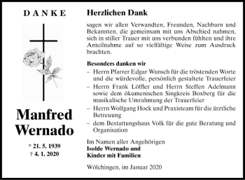 Traueranzeige von Manfred Wernado von Fränkische Nachrichten