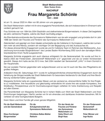 Traueranzeige von Margareta Schönle von Fränkische Nachrichten