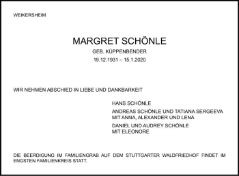 Traueranzeige von Margret Schönle von Fränkische Nachrichten