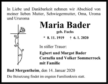 Traueranzeige von Maria Bader von Fränkische Nachrichten