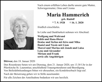 Traueranzeige von Maria Hammerich von Fränkische Nachrichten