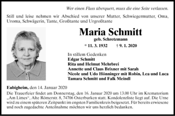 Traueranzeige von Maria Schmitt von Fränkische Nachrichten