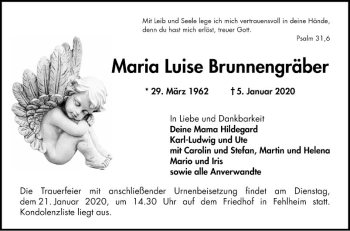 Traueranzeige von Maria Luise Brunnengräber von Bergsträßer Anzeiger