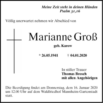 Traueranzeige von Marianne Groß von Mannheimer Morgen