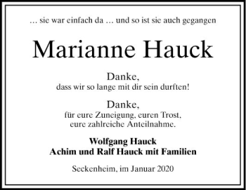 Traueranzeige von Marianne Hauck von Mannheimer Morgen