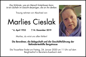 Traueranzeige von Marlies Cieslak von Bergsträßer Anzeiger