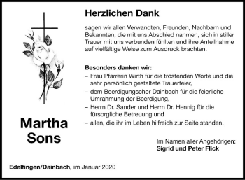 Traueranzeige von Martha Sons von Fränkische Nachrichten