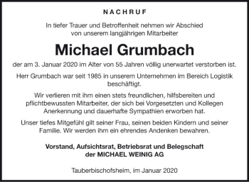 Traueranzeige von Michael Grumbach von Fränkische Nachrichten