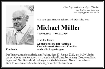 Traueranzeige von Michael Müller von Fränkische Nachrichten