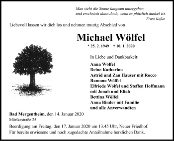 Traueranzeige von Michael Wölfel von Fränkische Nachrichten