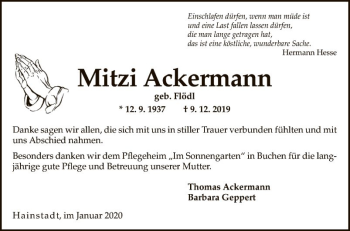 Traueranzeige von Mitzi Ackermann von Fränkische Nachrichten