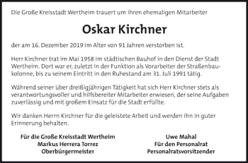 Traueranzeige von Oskar Kirchner von Fränkische Nachrichten