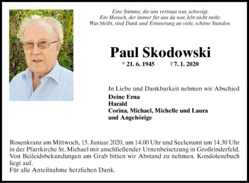 Traueranzeige von Paul Skodowski von Fränkische Nachrichten