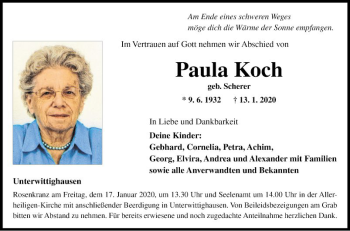 Traueranzeige von Paula Koch von Fränkische Nachrichten