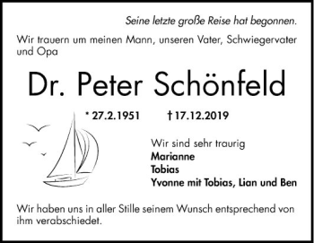 Traueranzeige von Peter Schönfeld von Mannheimer Morgen