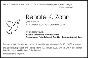 Traueranzeige von Renate K. Zahn von Schwetzinger Zeitung