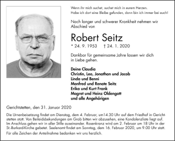 Traueranzeige von Robert Seitz von Fränkische Nachrichten