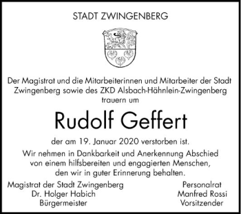 Traueranzeige von Rudolf Geffert von Bergsträßer Anzeiger