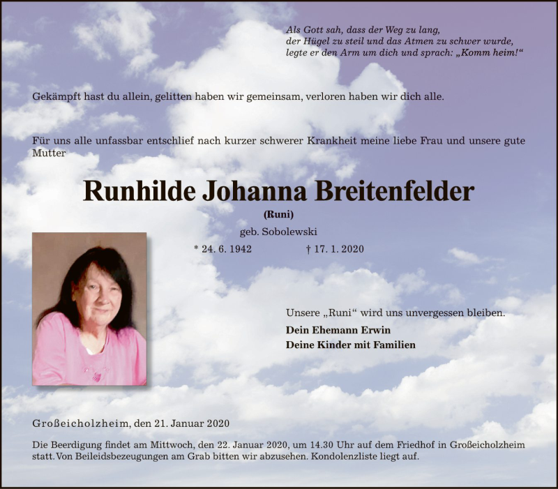  Traueranzeige für Runhilde Johanna Breitenfelder vom 21.01.2020 aus Fränkische Nachrichten