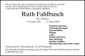 Traueranzeige von Ruth Fahlbusch von Bergsträßer Anzeiger