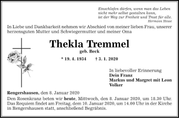 Traueranzeige von Thekla Tremmel von Fränkische Nachrichten