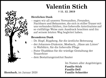 Traueranzeige von Valentin Stich von Fränkische Nachrichten