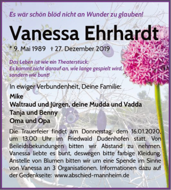 Traueranzeige von Vanessa Ehrhardt von Mannheimer Morgen