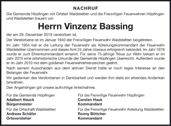 Traueranzeige von Vinzenz Bassing von Fränkische Nachrichten