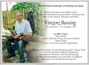 Traueranzeige von Vinzenz Bassing von Fränkische Nachrichten