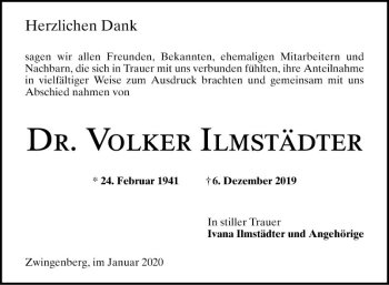 Traueranzeige von Volker Ilmstädter von Bergsträßer Anzeiger